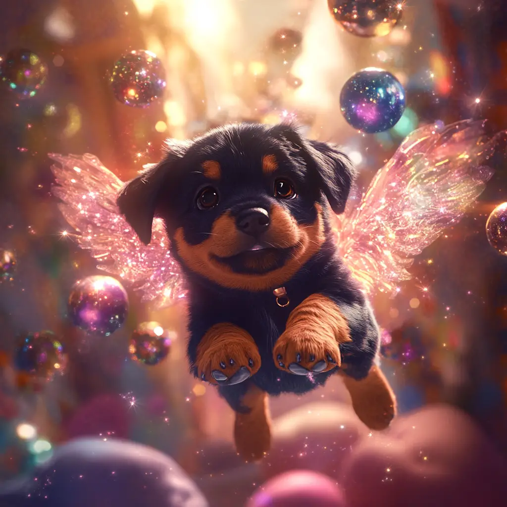 Winged rottweiler puppy chasing glowing magical orbs