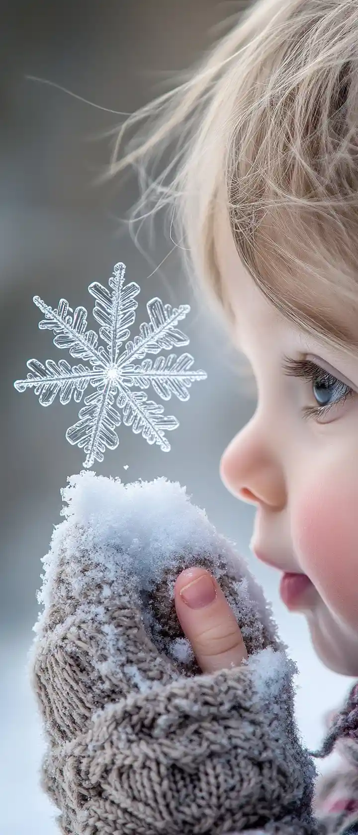 Child catching a single snowflake in soft winter light
