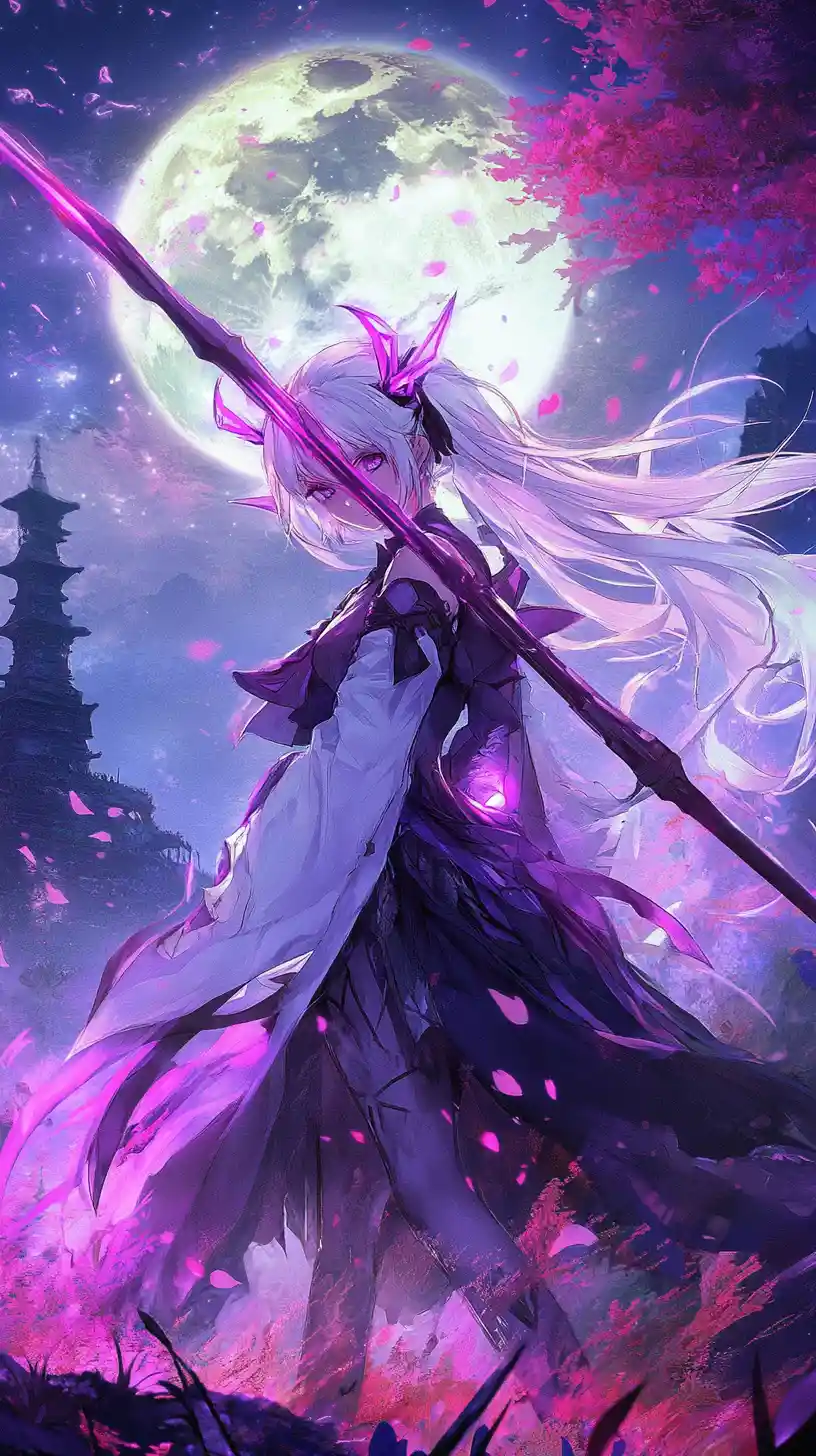 Anime girl running with sacred weapon under full moon