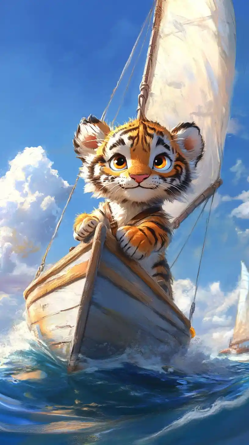 Cute tiger cub sailing a small yacht on blue ocean