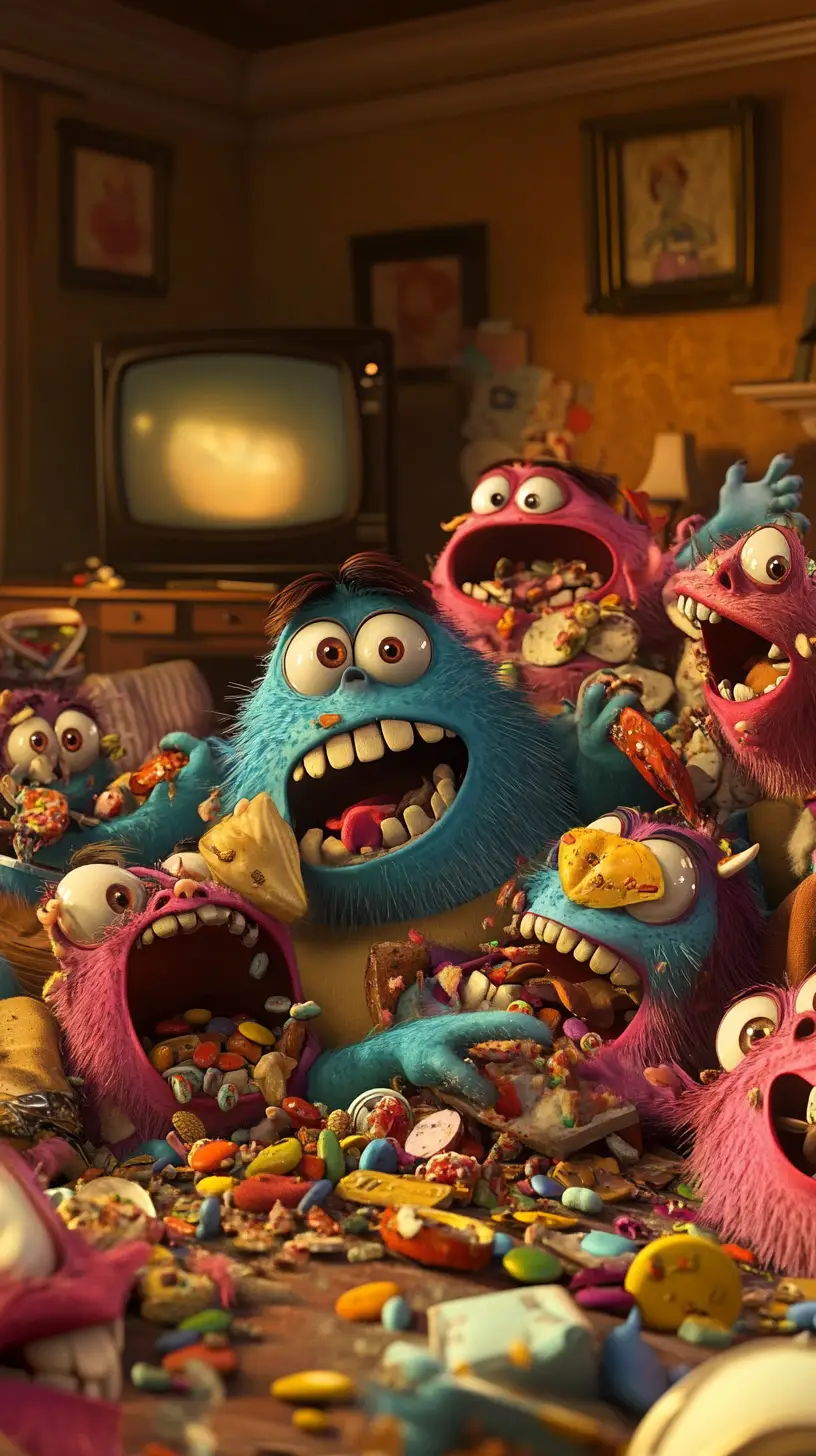 Colorful fluffy monsters watching tv in messy living room