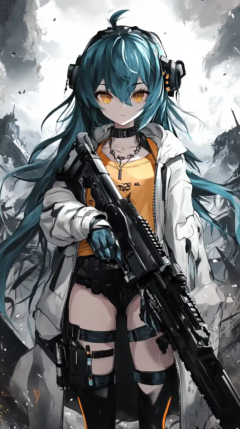 Anime-Mädchen mit Waffe im futuristischen Kristalltempel-Camp
