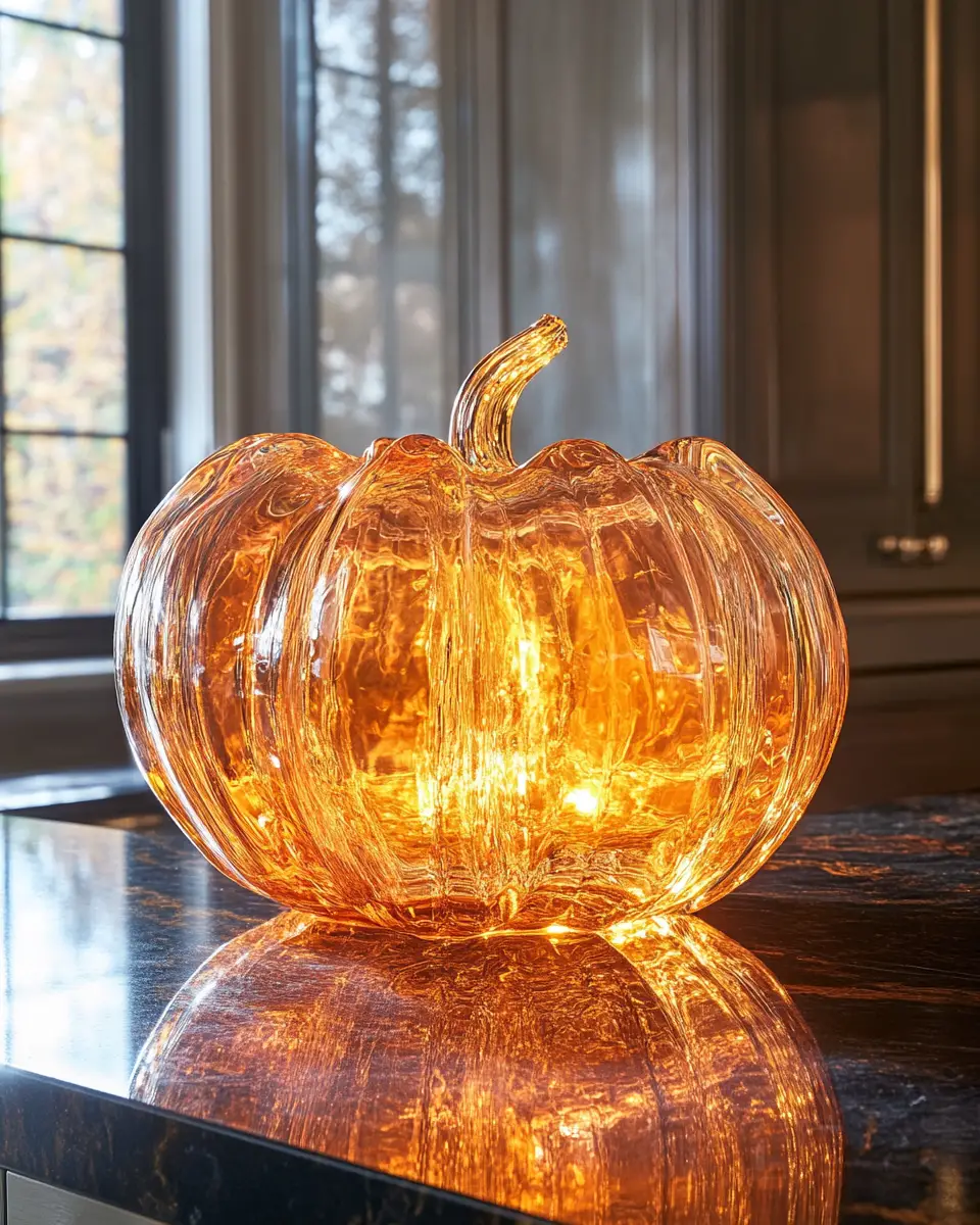 Backlit glass pumpkin on black counter by ornate window