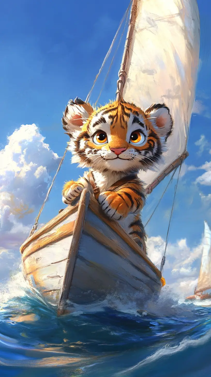 Cute tiger cub sailing a small yacht on blue ocean