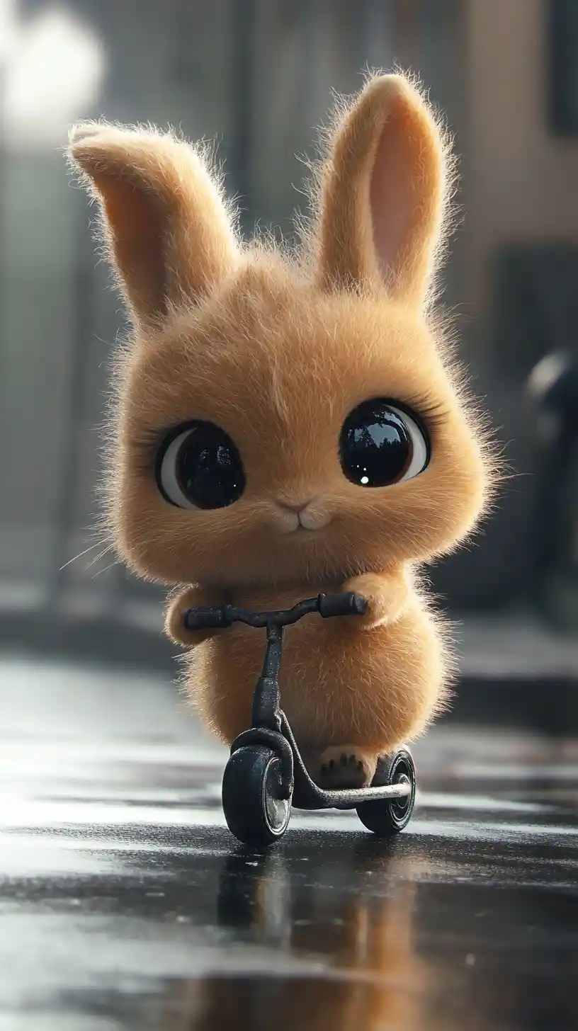 Cute coffee colored rabbit riding a small scooter
