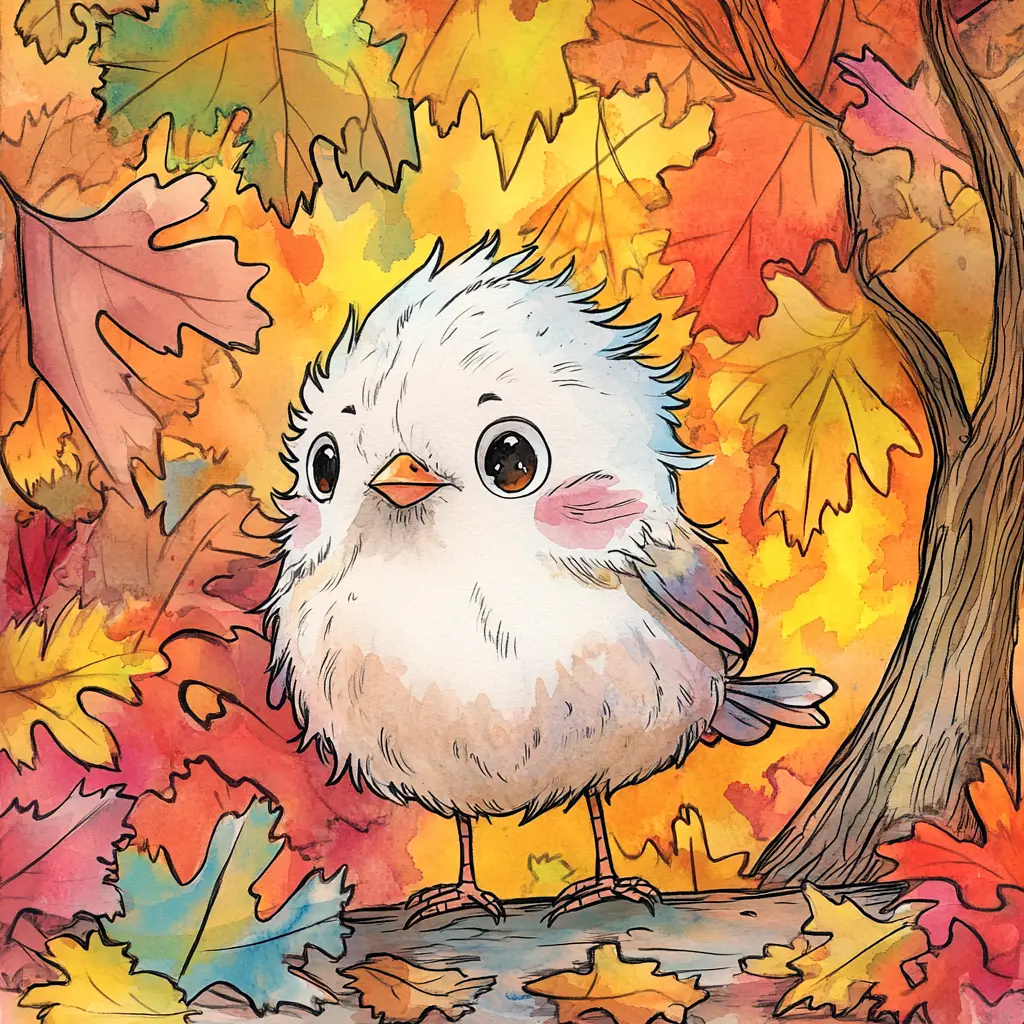 Cute watercolor sparrow on twig in autumn tree