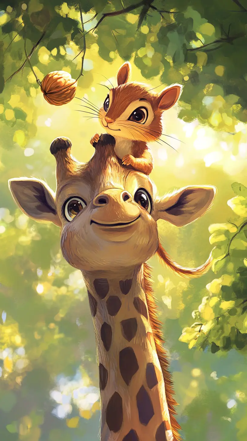 Cheerful chibi chipmunk on giraffe reaching for walnut