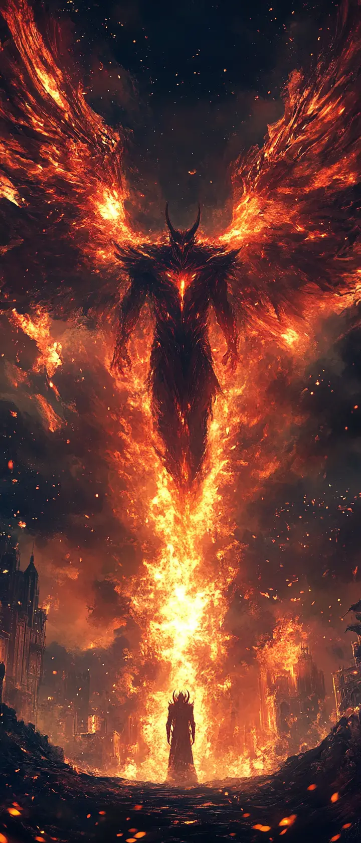Colossal fire winged demon rising in dark fantasy sky