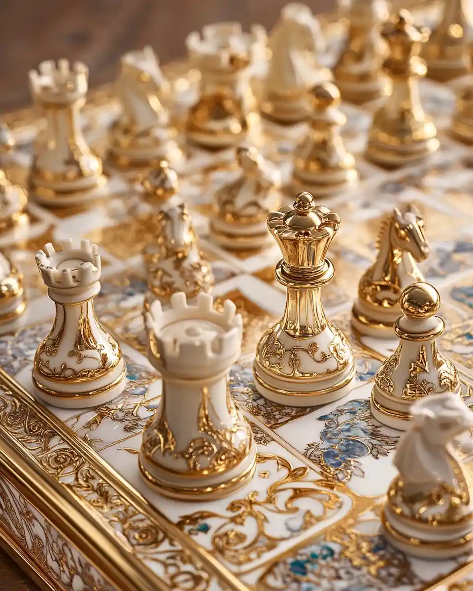 Art nouveau chess set in a glowing golden case