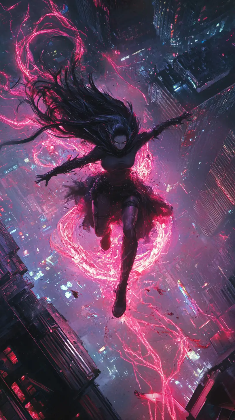 Chica luchando contra monstruos malignos en un paisaje urbano oscuro