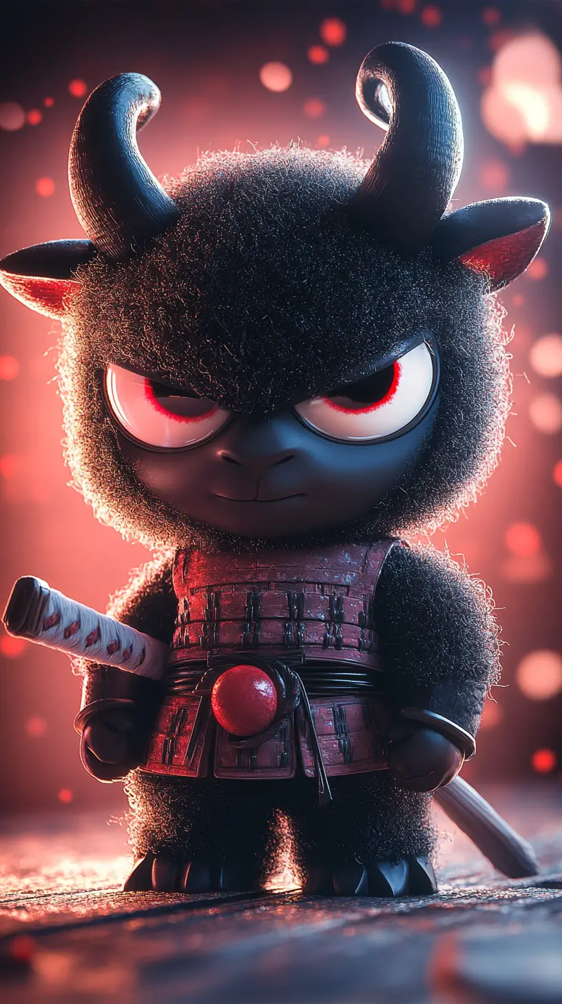 Angry black samurai sheep in cute pixar chibi style