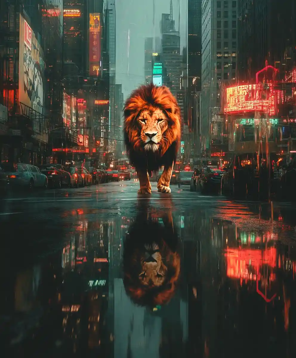 Surreal cityscape with majestic lion at dusk