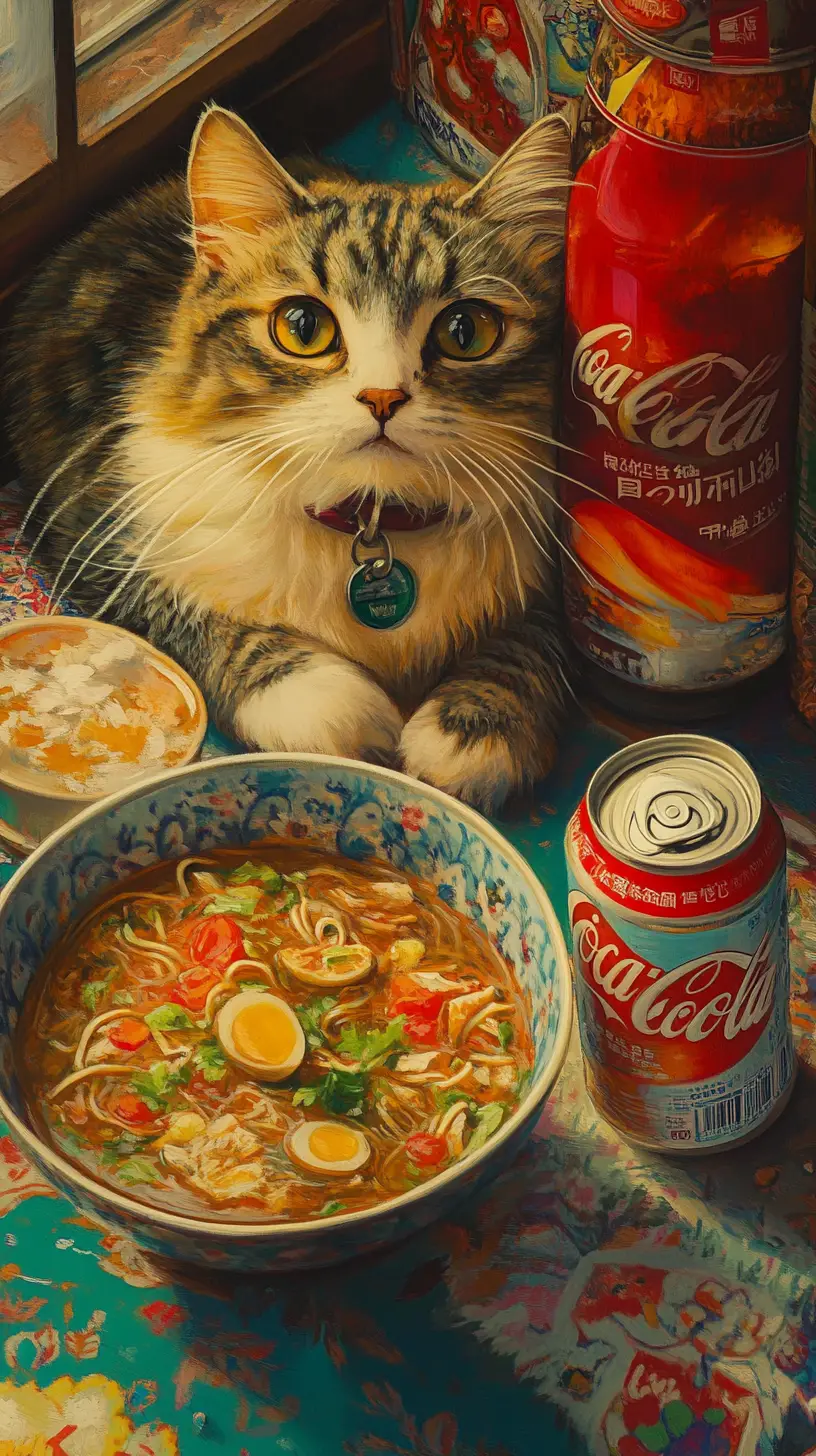 Cartoon cat sitting on a table with colorful soup
