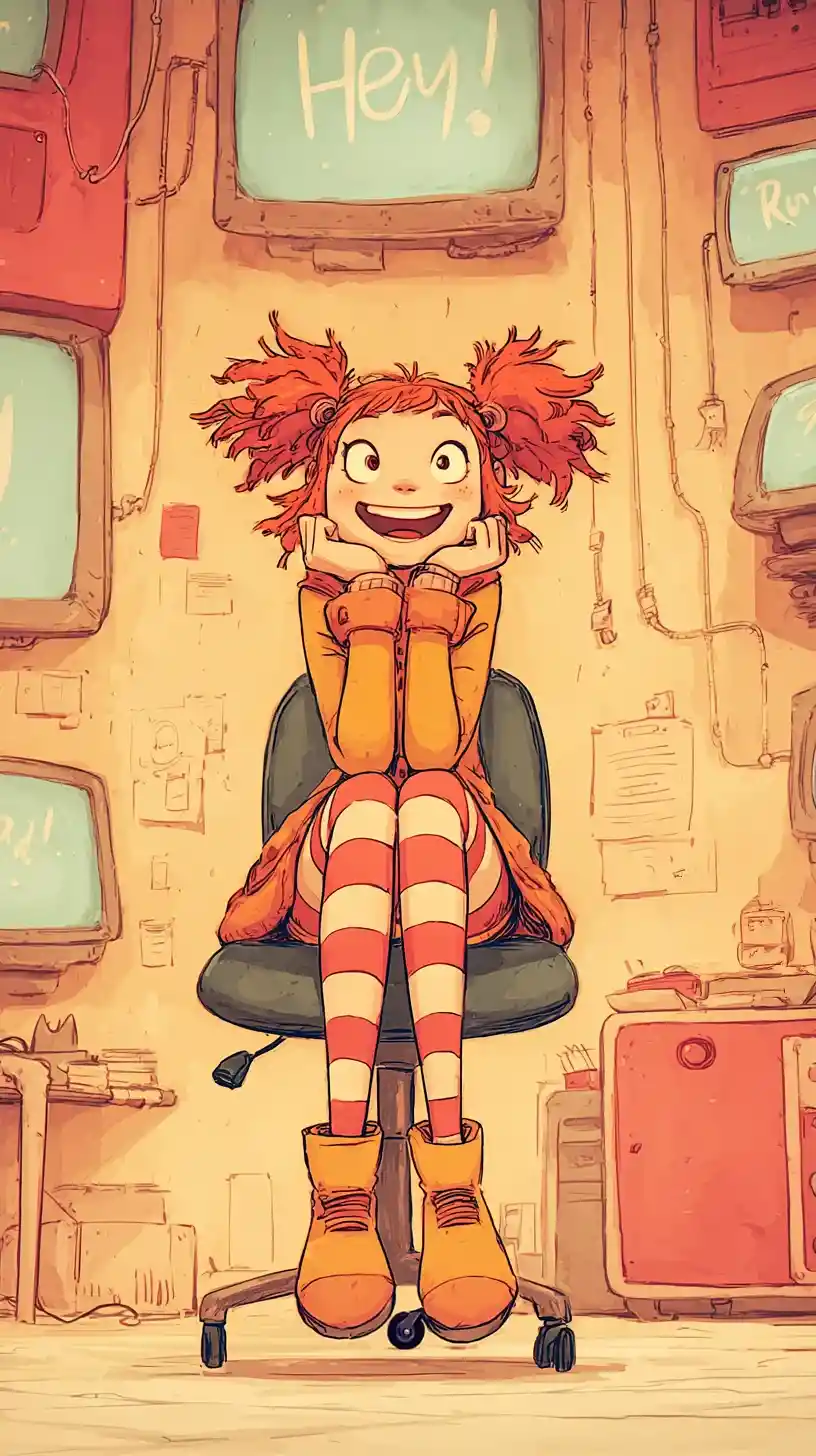 Smiling red haired girl in orange coat on black chair