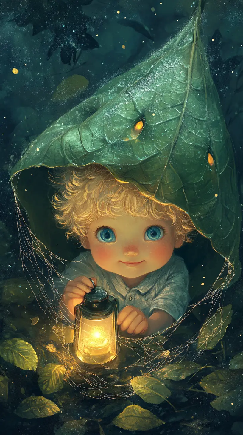Little boy under leaf umbrella with glowing lantern