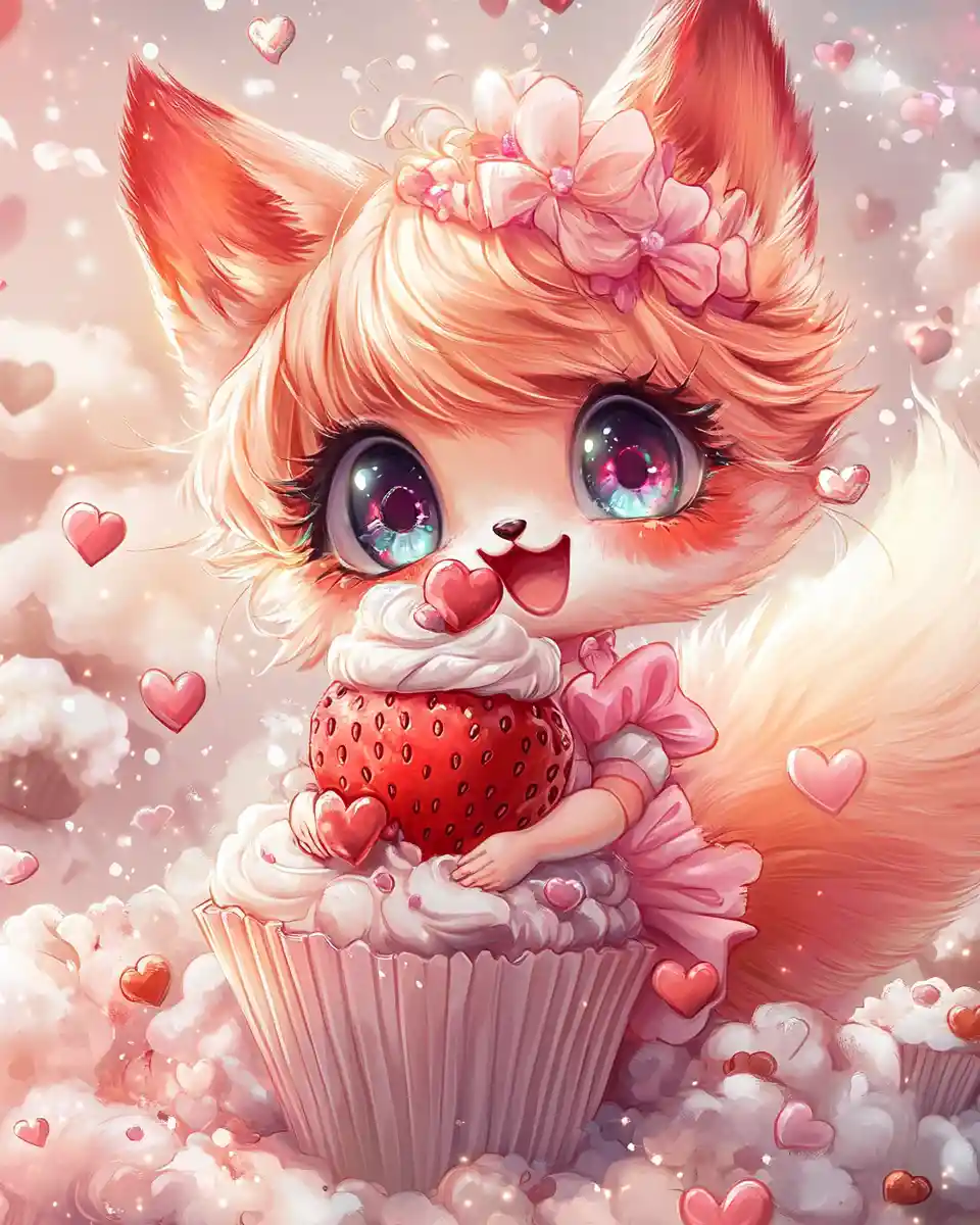 Chibi fox girl hugging a strawberry cupcake