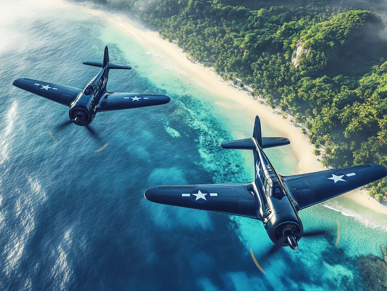 Two Corsair fighter planes above tropical island shore
