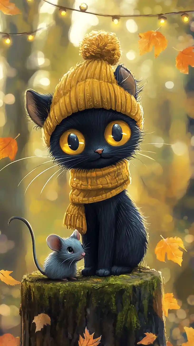 Cute Cat In Yellow Hat Holding Mouse On Forest Stump