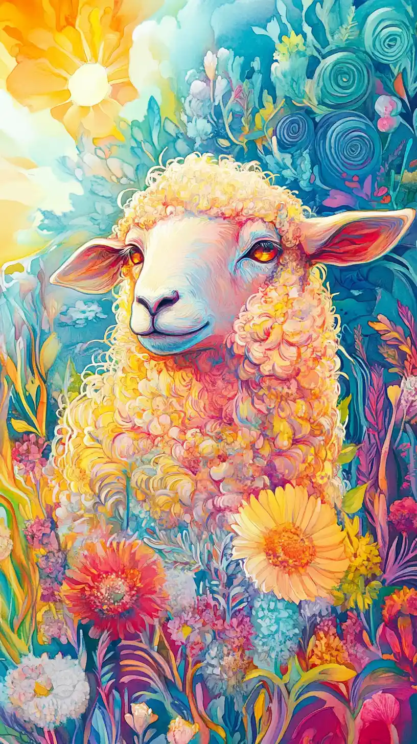 Fluffy sheep in a fantasy meadow with sunlight beams