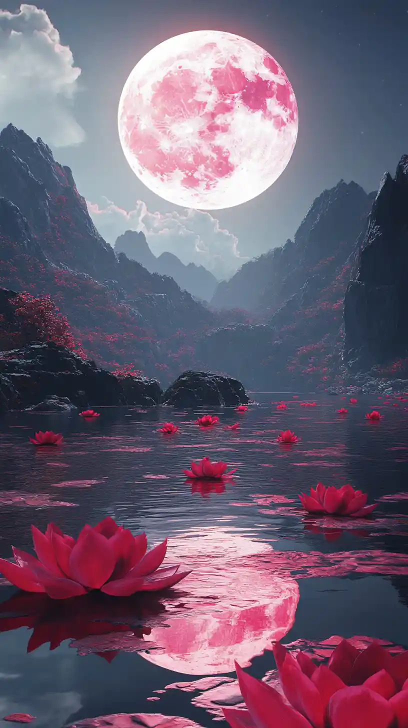 환상적인 붉은 달과 빛나는 연꽃 산호수
