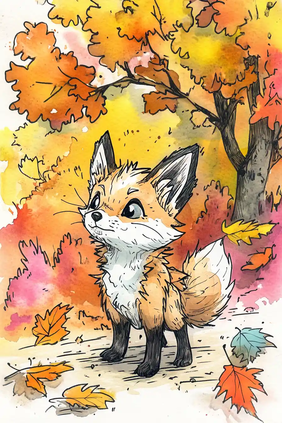 Cute tiny fox illustration beside colorful fall tree