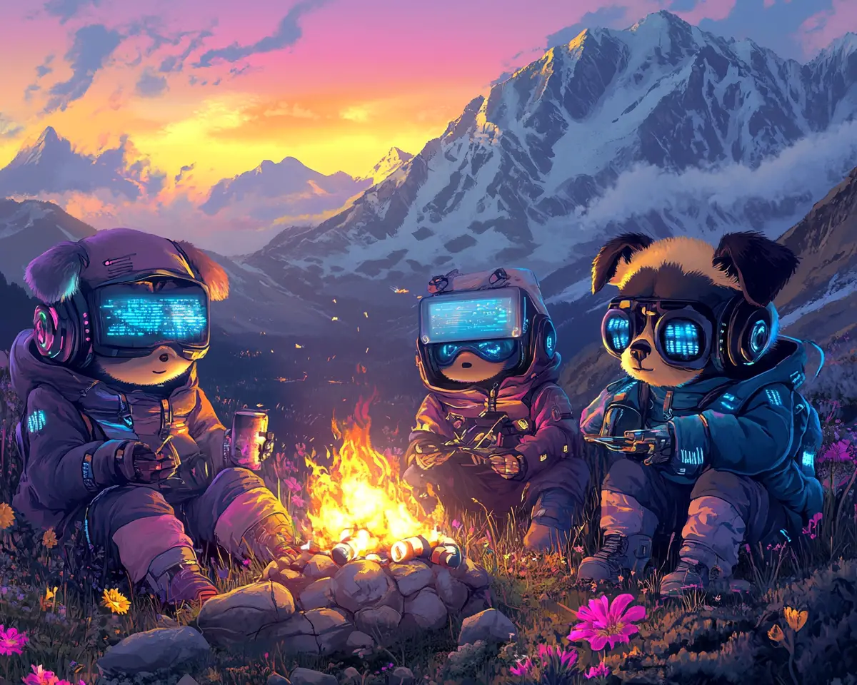 Chibi Friends Camping In A Cyberpunk Mountain Sunset