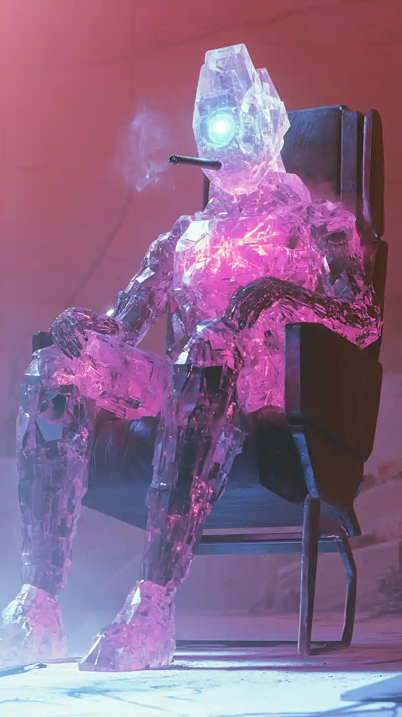 Crystal humanoid golem relaxing in futuristic cubist interior