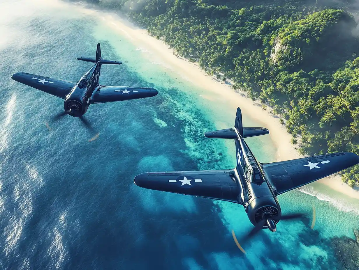 Two Corsair fighter planes above tropical island shore