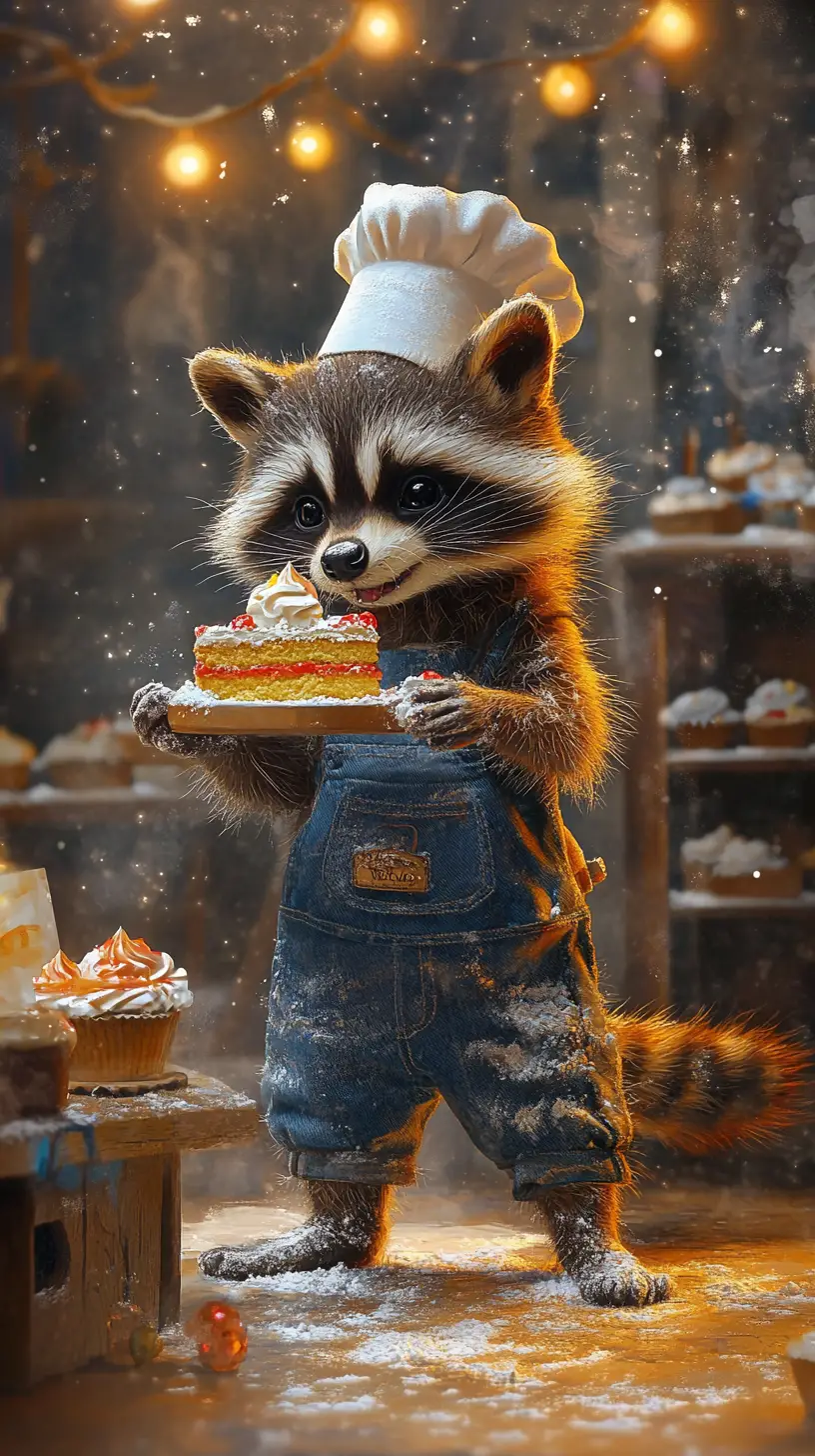Cute baby raccoon chef decorating a tiny colorful cake