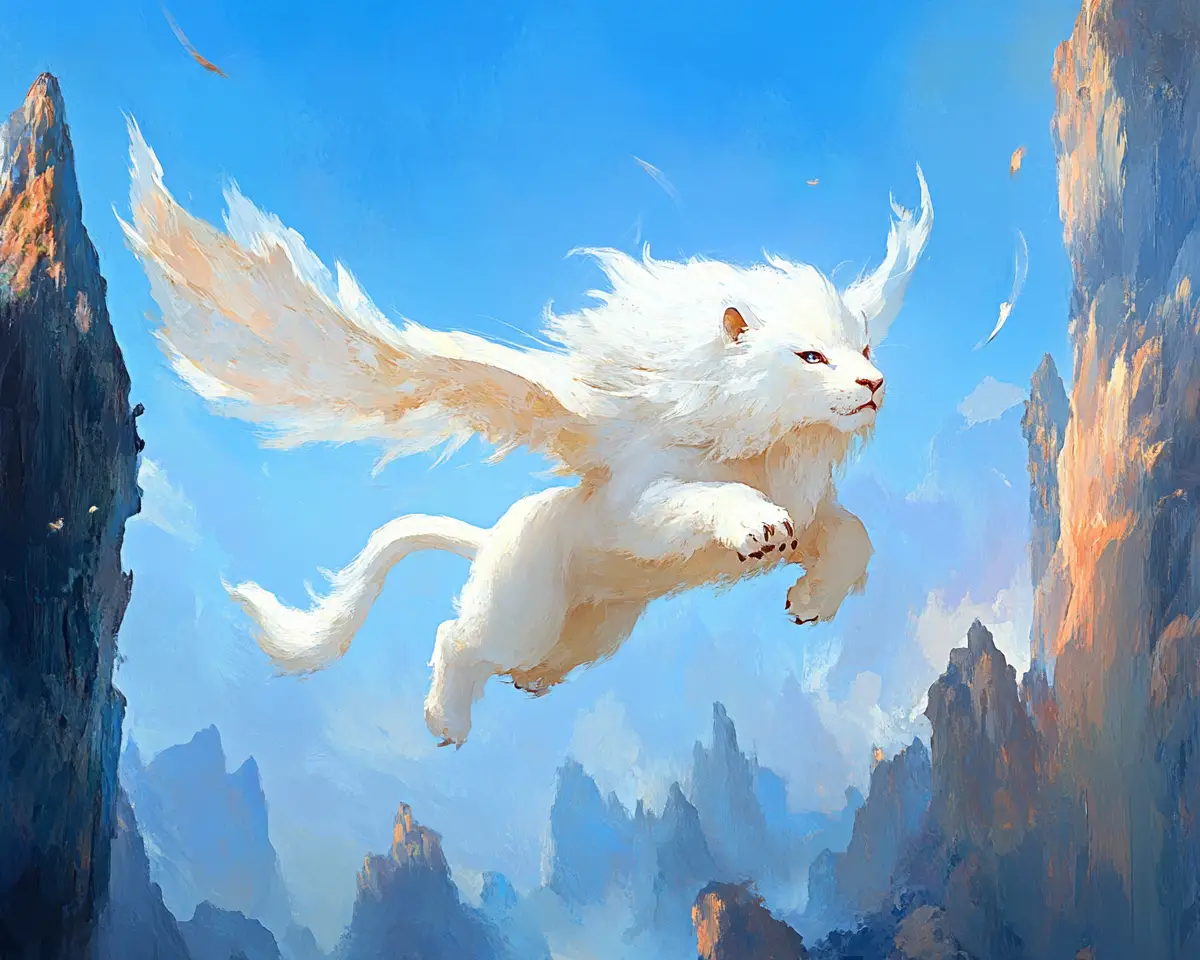 Winged mythical beast soaring above Chinese mountain peaks