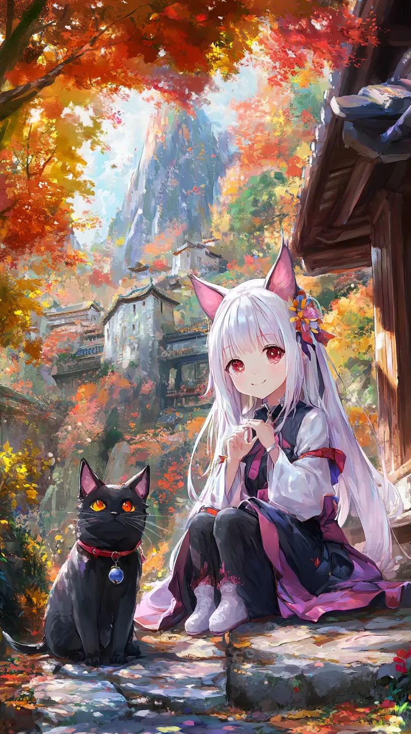 Dragon and anime girl in an autumn forest