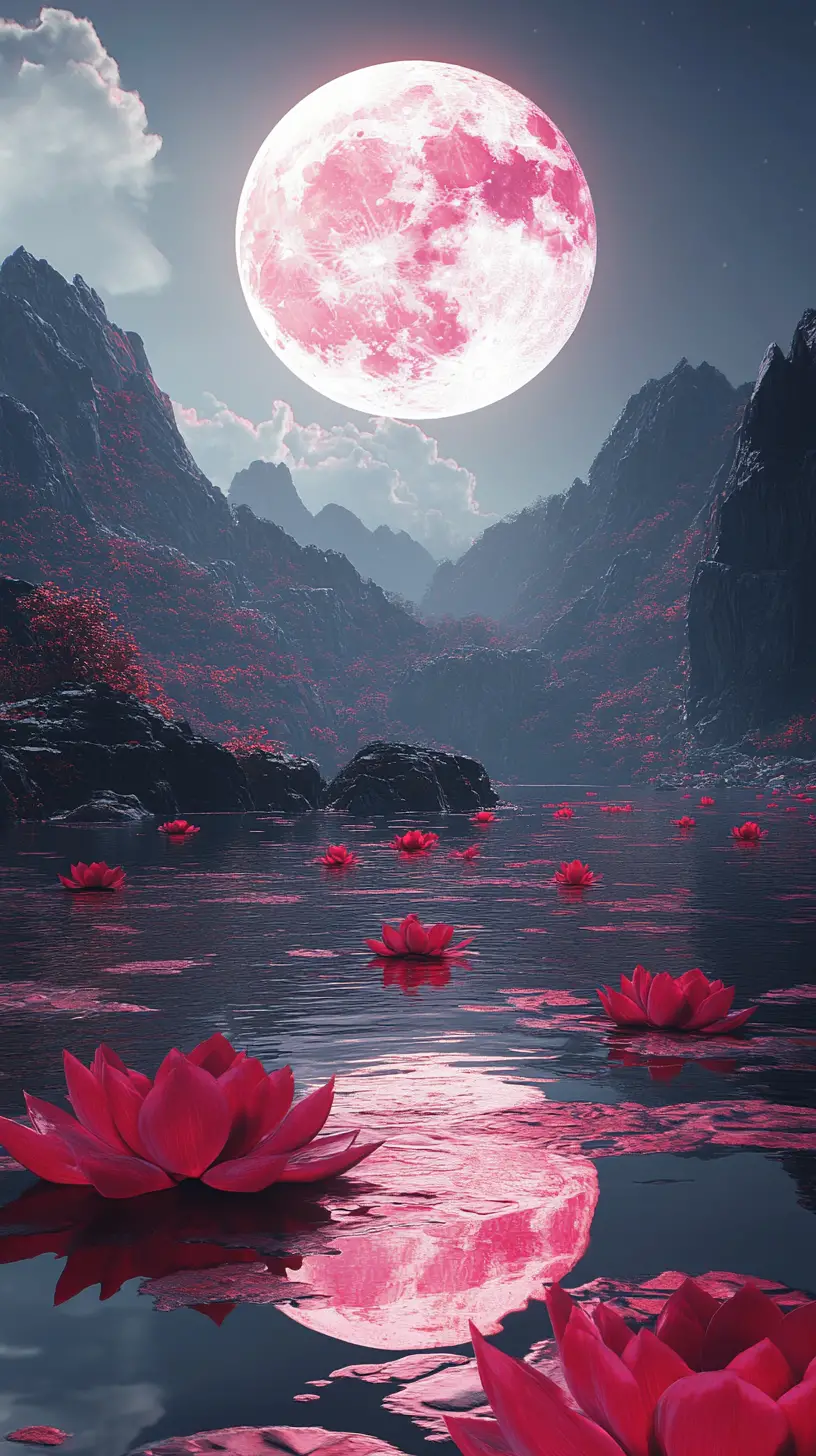 Fantasy red moon over glowing lotus mountain lake