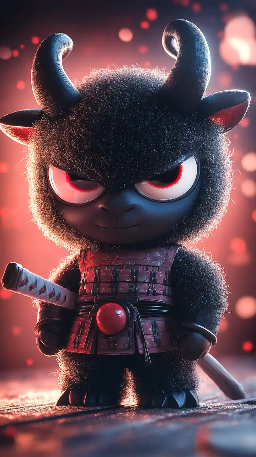 Angry black samurai sheep in cute pixar chibi style