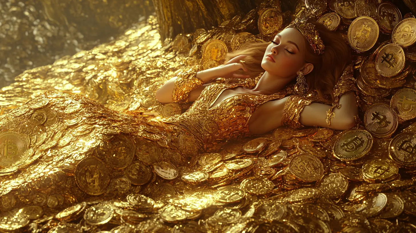 Princesa de fantasía del bitcoin descansando sobre un trono dorado repleto de tesoros
