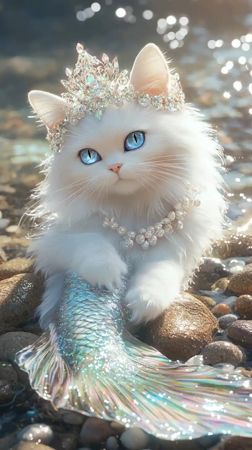 Majestic white Persian cat mermaid on a rocky seashore