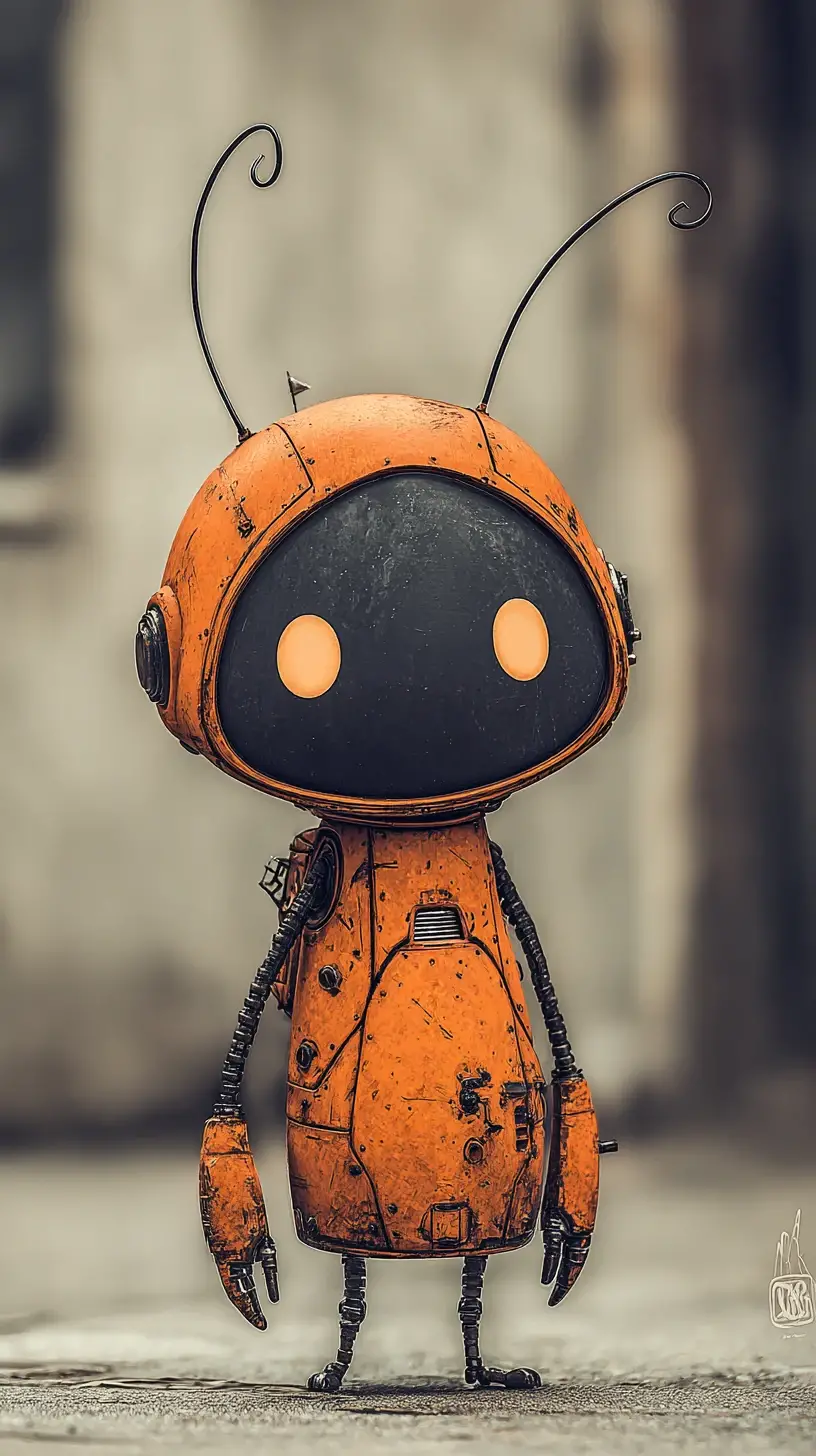 Cute cartoon robot against a dull concrete wall