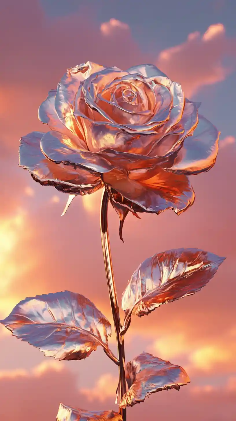Metallic rose glowing against a colorful sunset sky