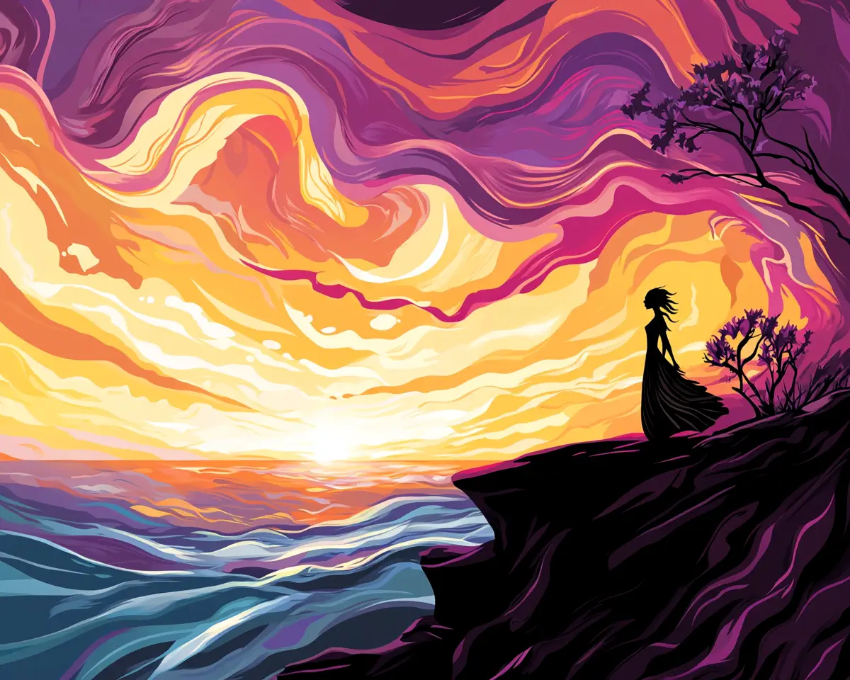 Anime woman on abstract coastal sunset horizon