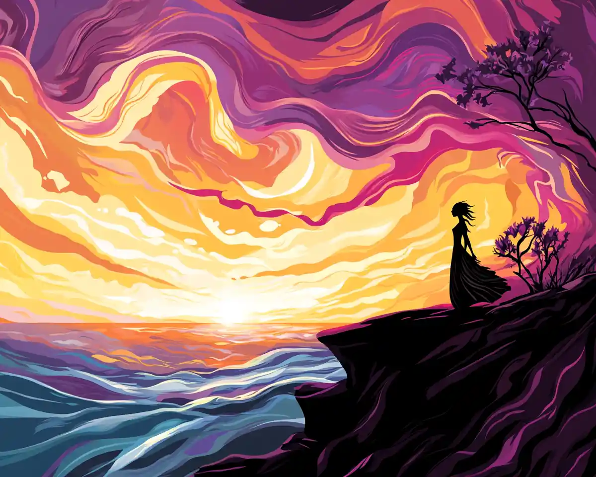 Anime woman on abstract coastal sunset horizon