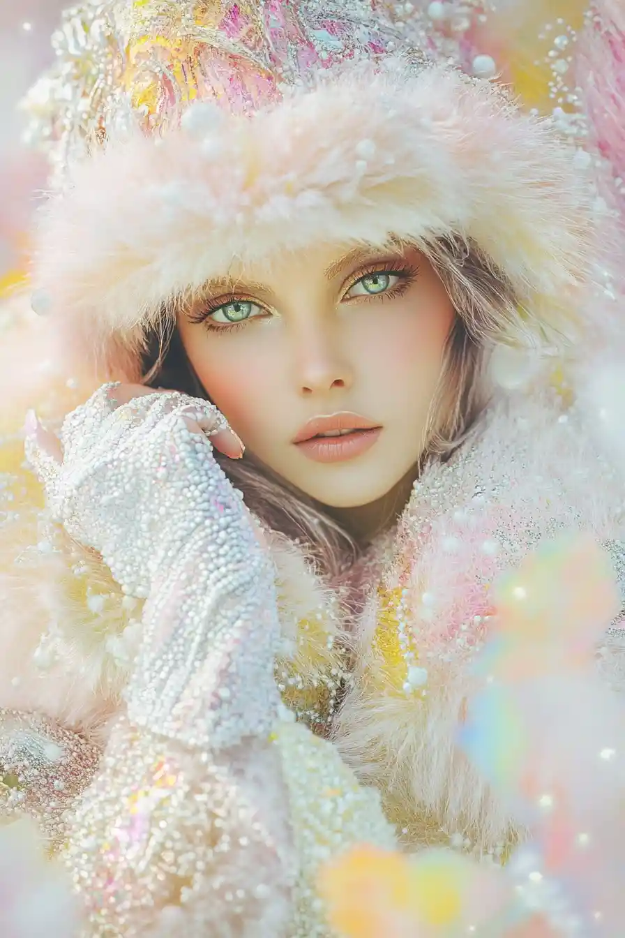 Surreal dreamscape woman in luxurious fur and mini dress