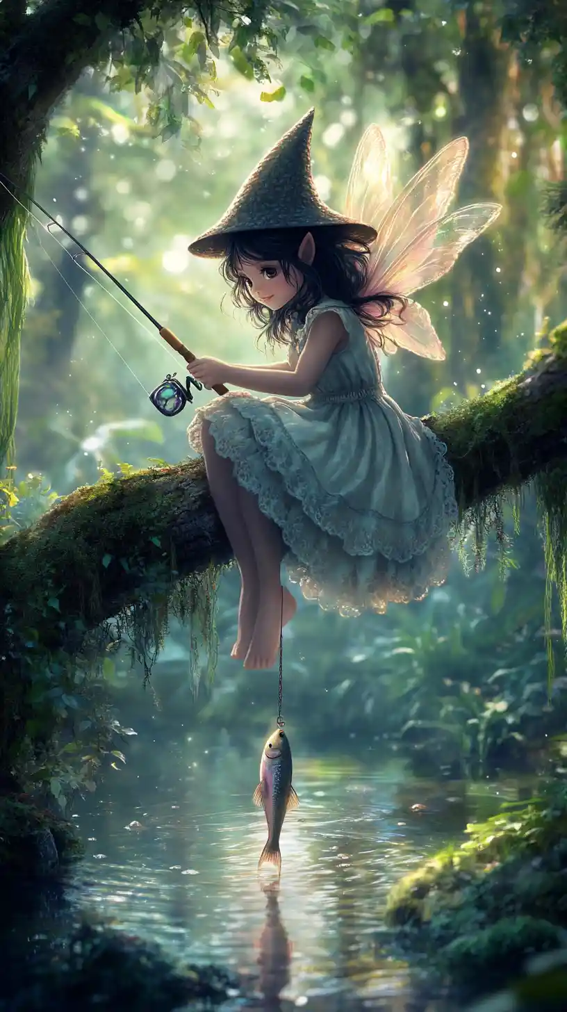 Fairy girl fishing above a pond in enchanted forest