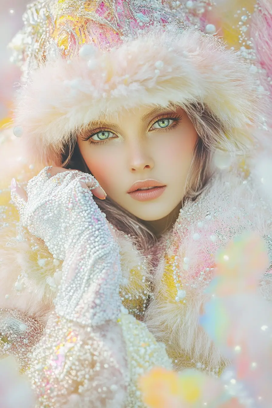 Surreal dreamscape woman in luxurious fur and mini dress