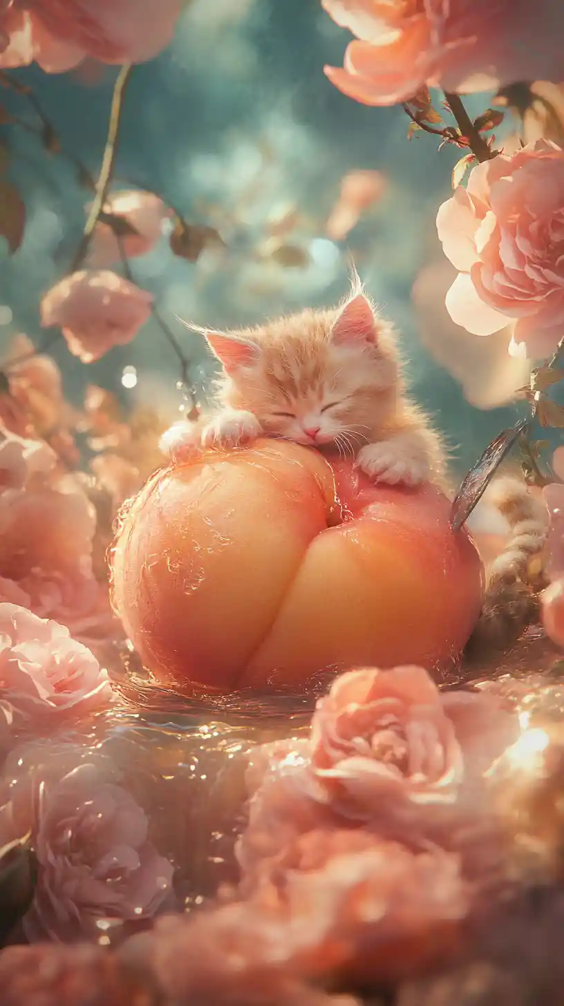 Tiny kittens slicing a giant peach in a rosy garden