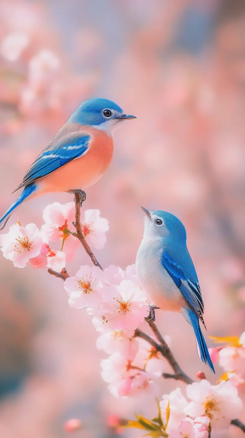 Two stylized blue birds among soft pink cherry blossoms