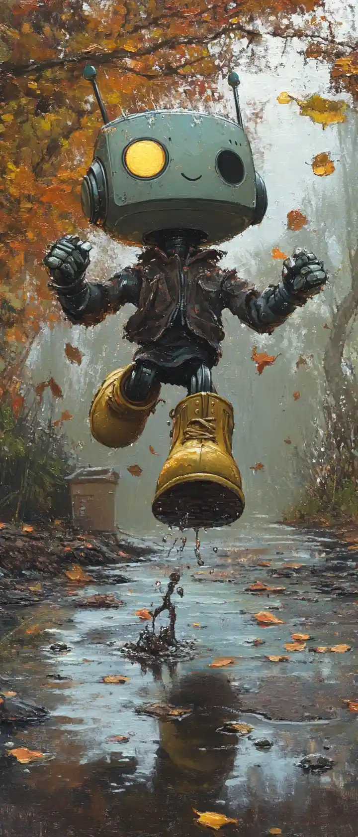 Cute robot in boots splashing in a rainy puddle