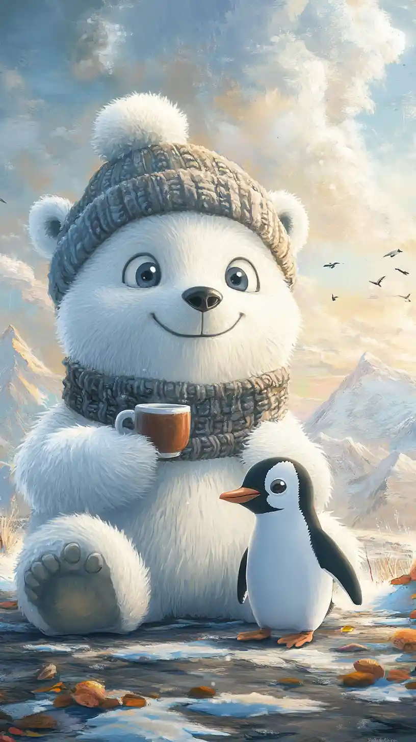 Cute Polar Bear And Penguin Sharing Tea In Antarctica