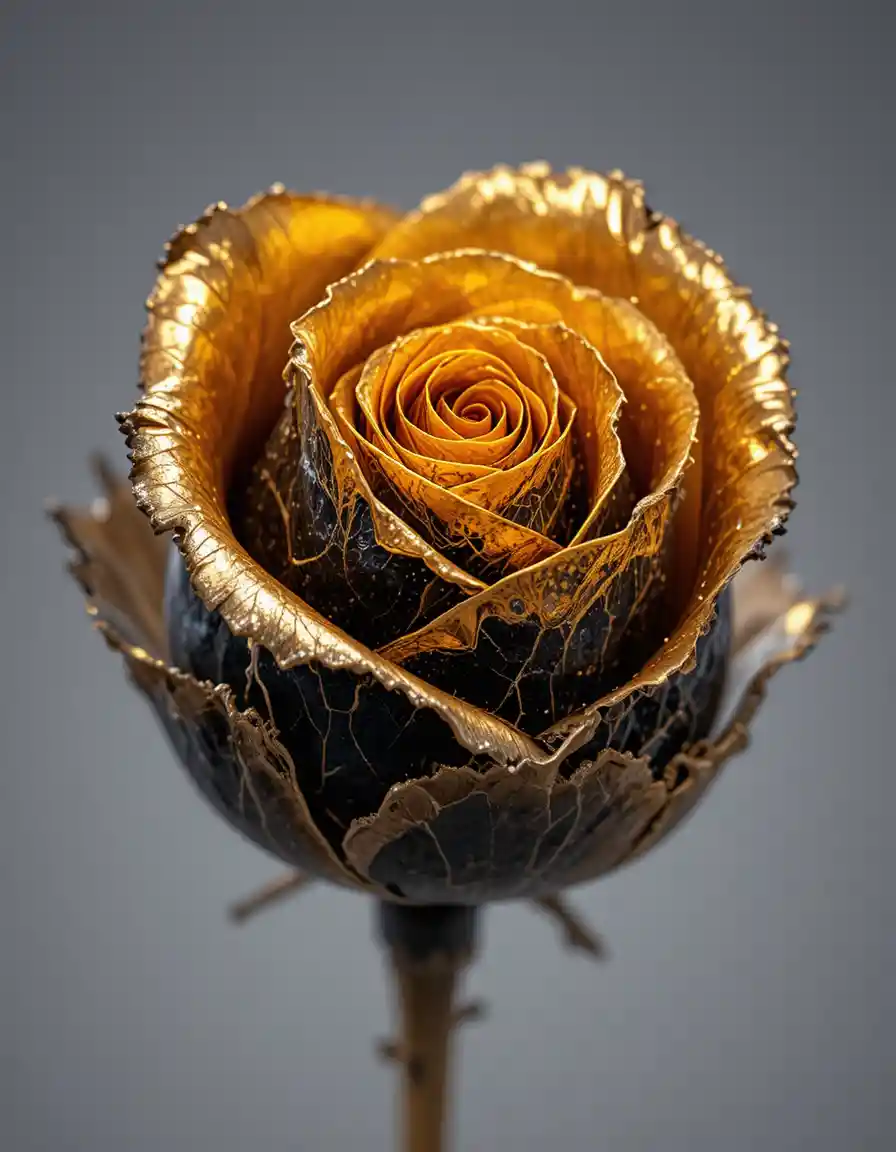 Pop art close up of black and gold spiral rosebud