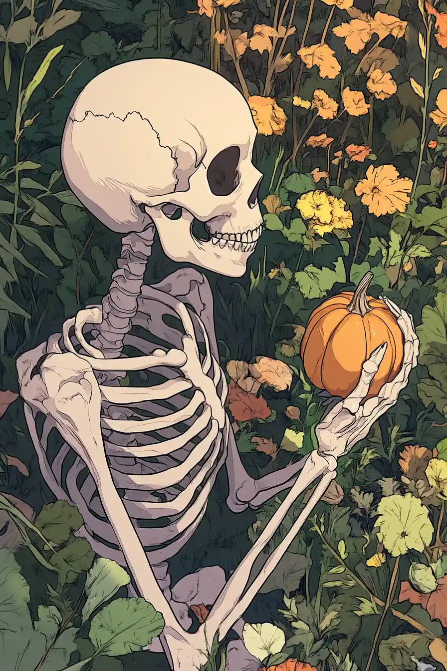 Anime skeleton holding pumpkin in autumn garden illustration