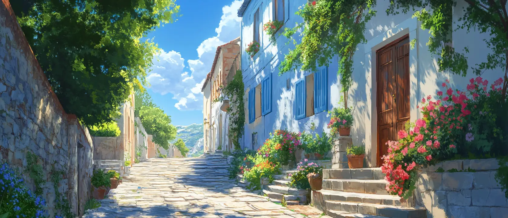 Anime Mediterranean Alley With Stone Stairs And Blue Houses