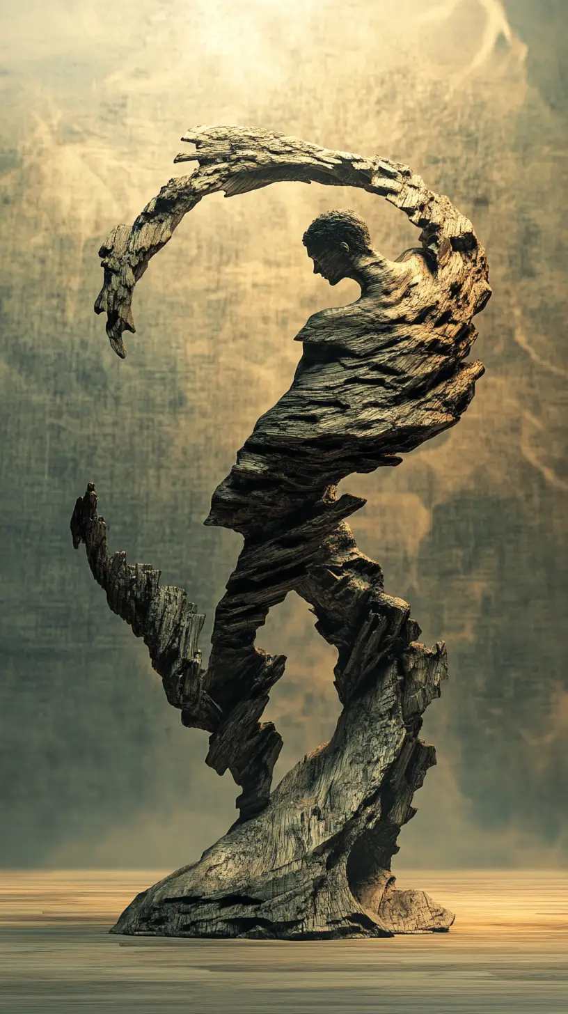 Layered wooden arcs forming an abstract dancer sculpture